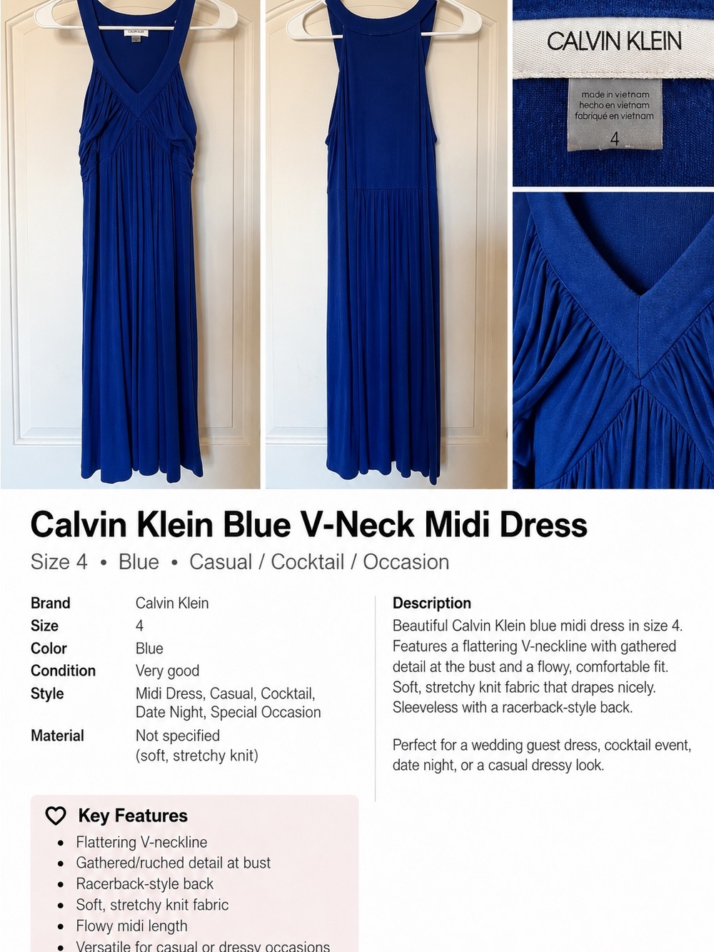 Calvin Klein Royal Blue V-Neck Midi Dress